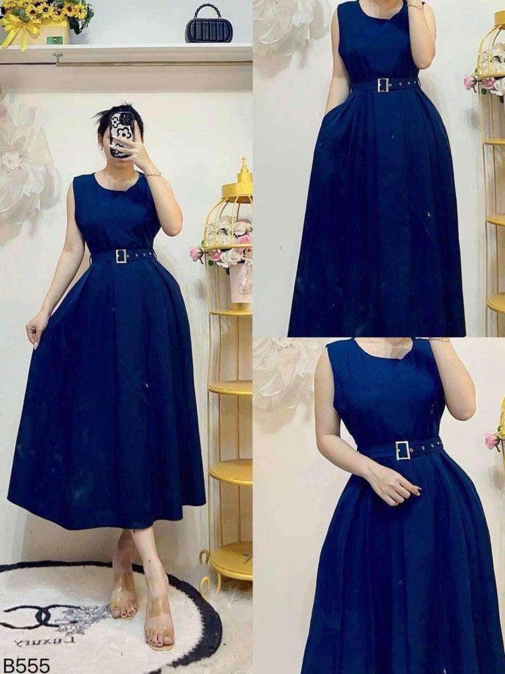 Elegant Navy Sleeveless Belted Midi Dress